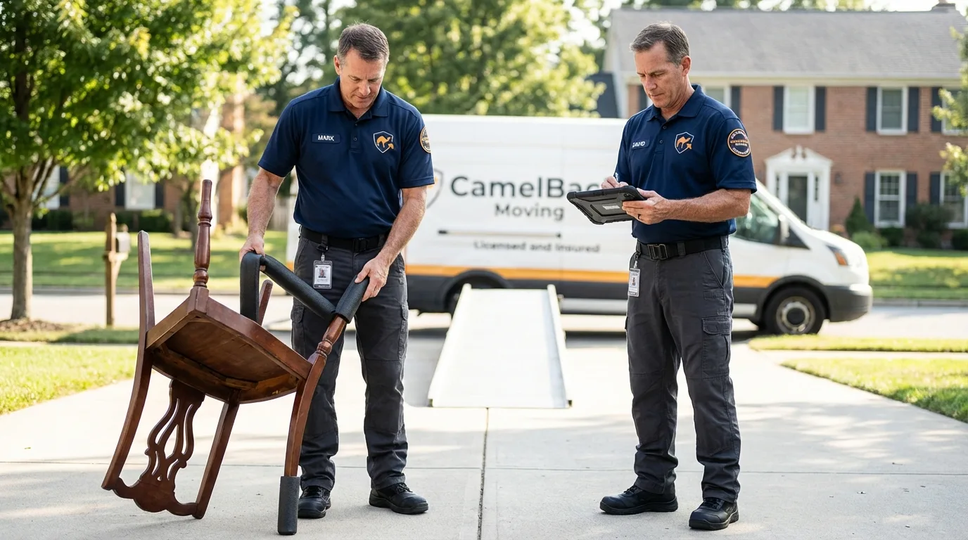 Movers inspecting furniture for damage prevention before loading in Murfreesboro, NC